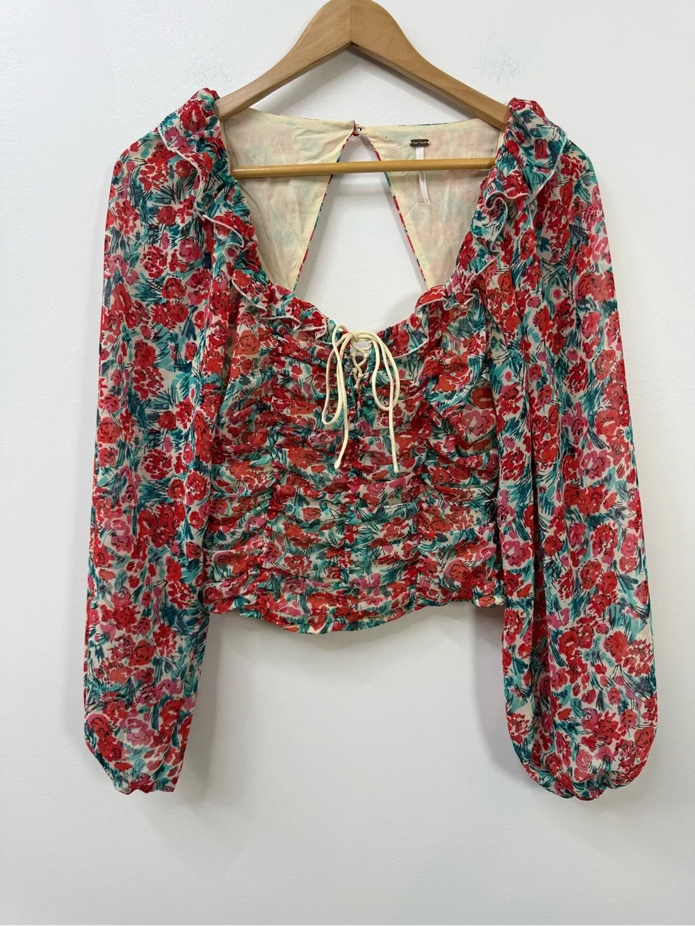 Free People Red Floral Square-Neck Ruffle Blouse size XS